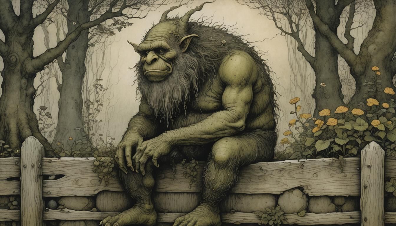 Garden Troll on Fence in Fairy Tale Style