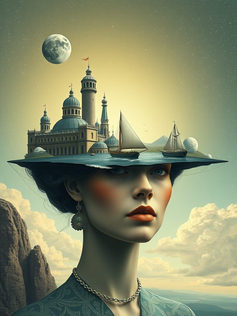 A Surrealist Masterpiece with a Woman and a Landscape on Her...