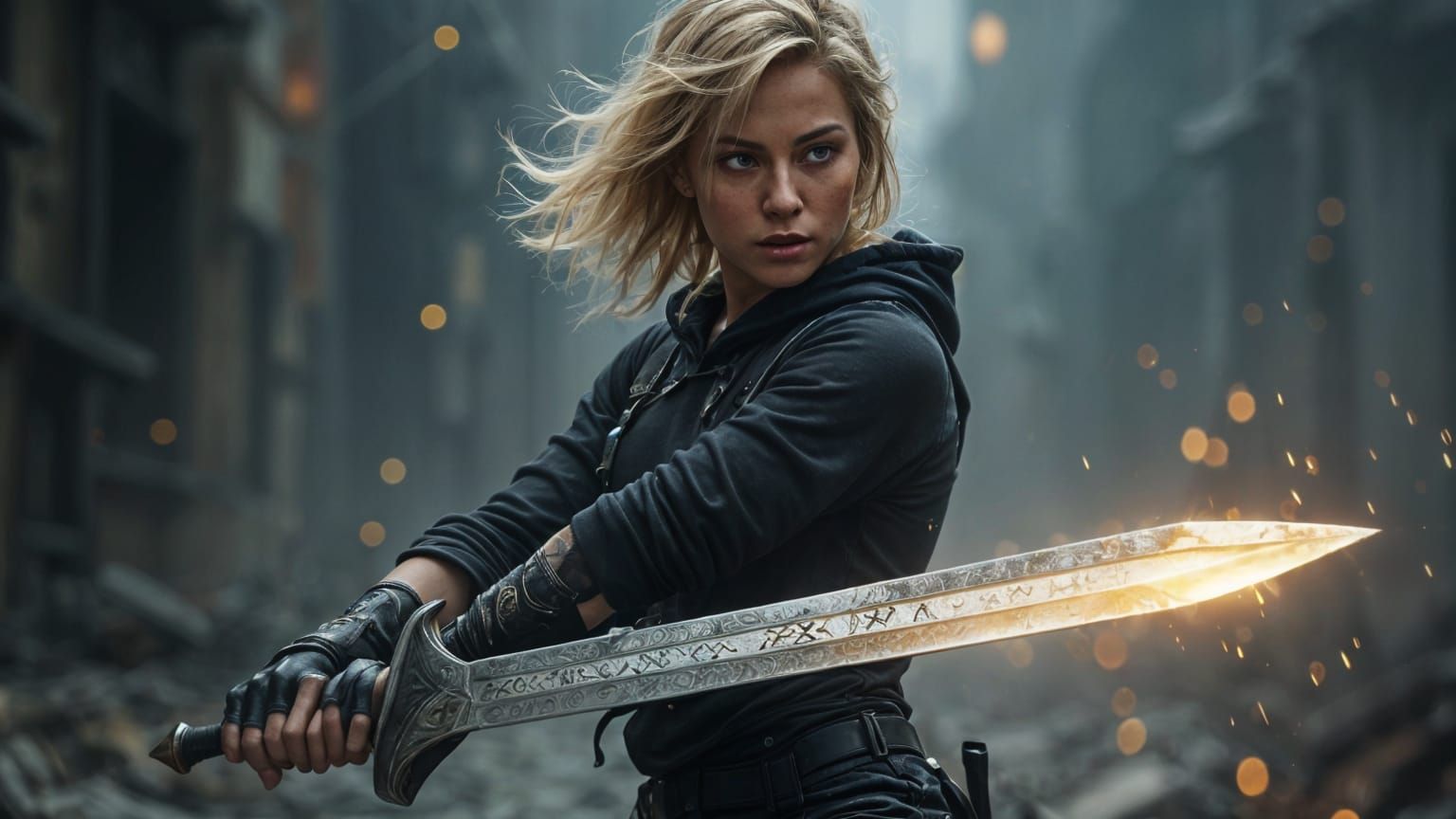 Epic Female Warrior in Tactical Gear Holds Divine Sword