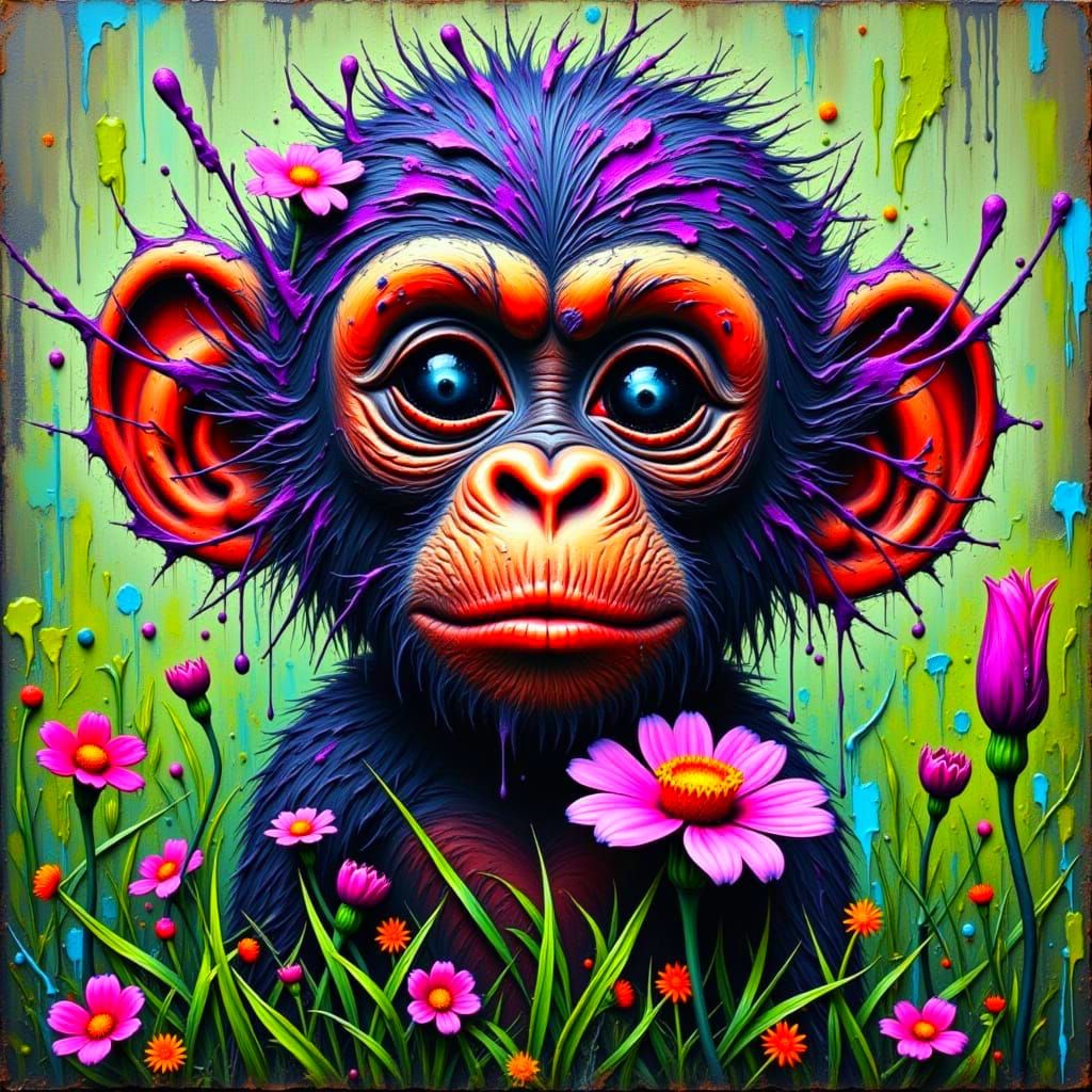 Impasto Fluffy Chimpanzee in Alien Landscape