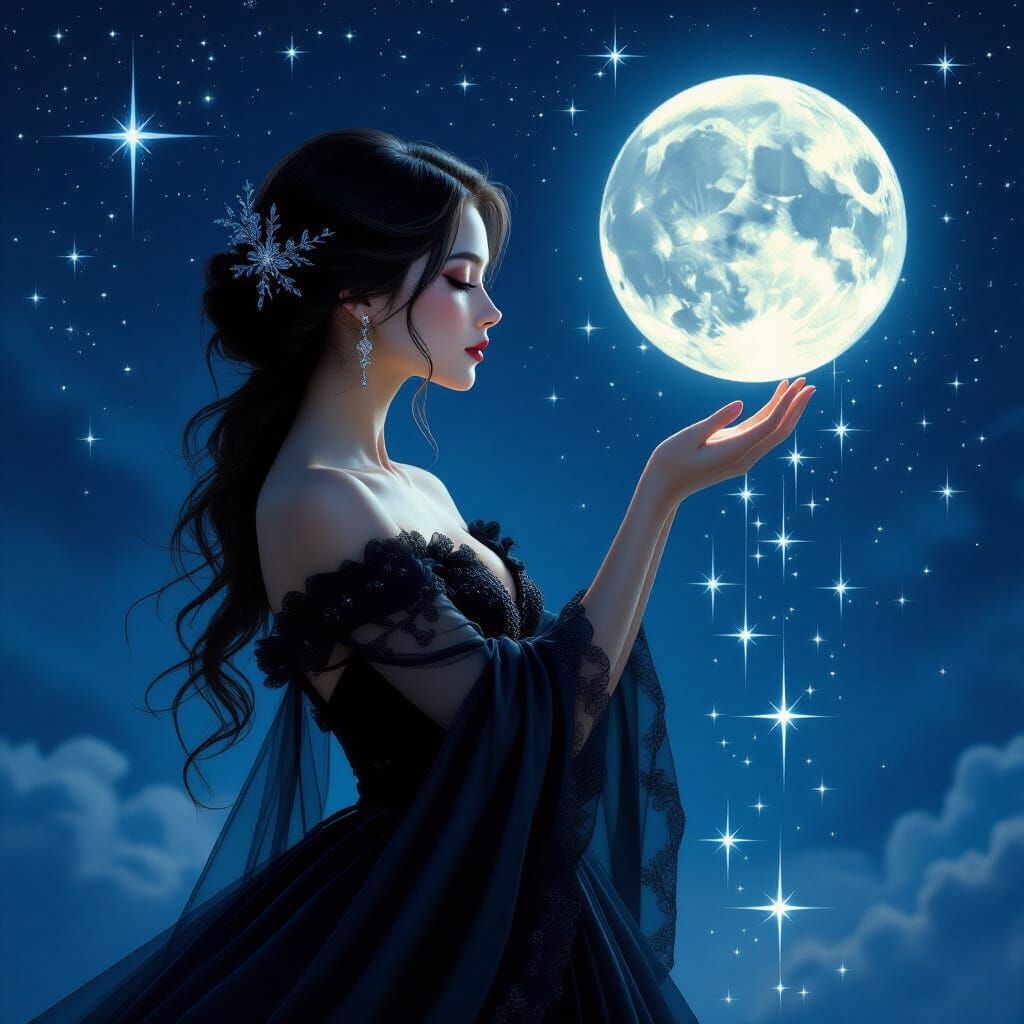 Goddess of Night Holding Moon and Stars