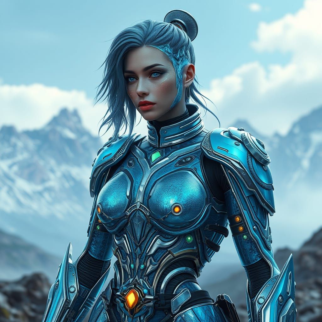 Cybernetic Liquid Crystal Warrior in Alien Landscape