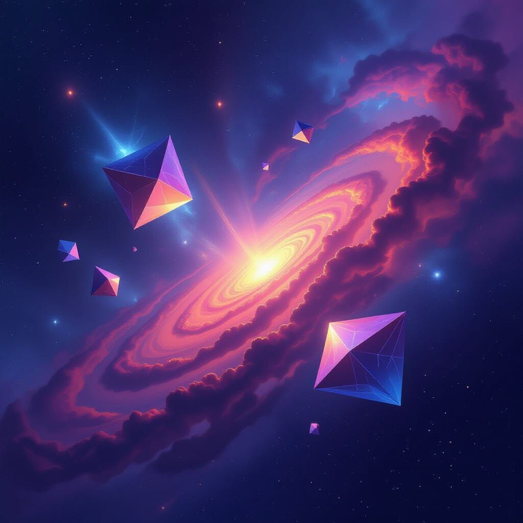 Surreal Cosmic Galaxy with Glowing Geometric Shapes
