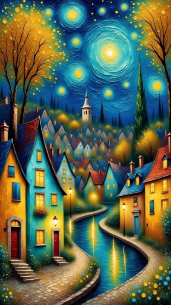 Van Gogh Inspired Starry Night Village Scene