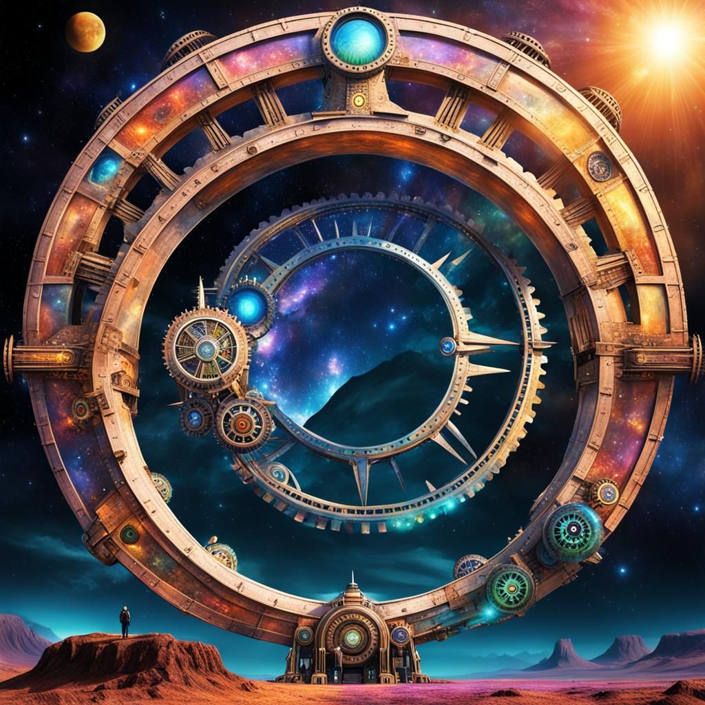 Stargate in Colorful Alien Landscape with Steampunk Engine