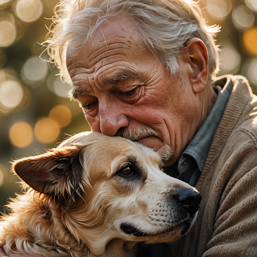 Warm Portrait of Elderly Man and Dog in Soft Golden Light