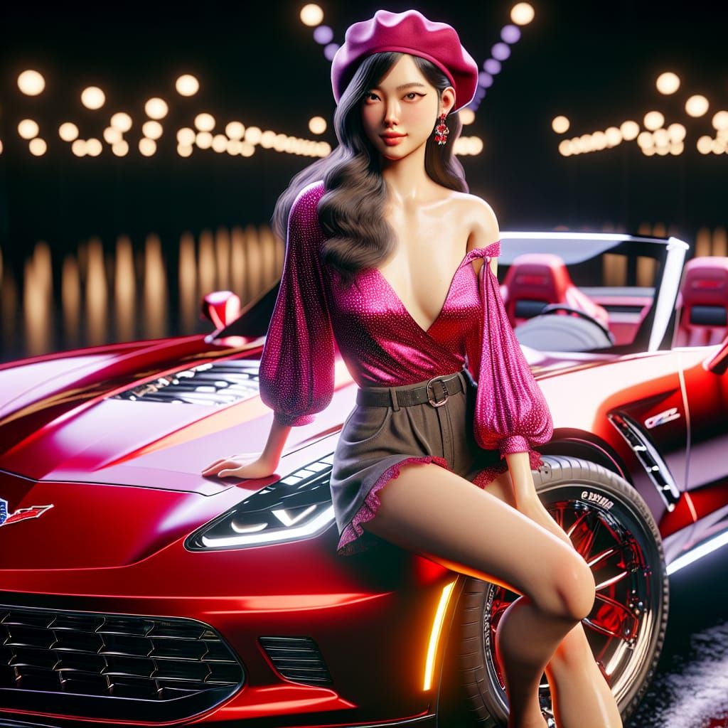 Woman in Beret on Red Corvette, 3D Game Art