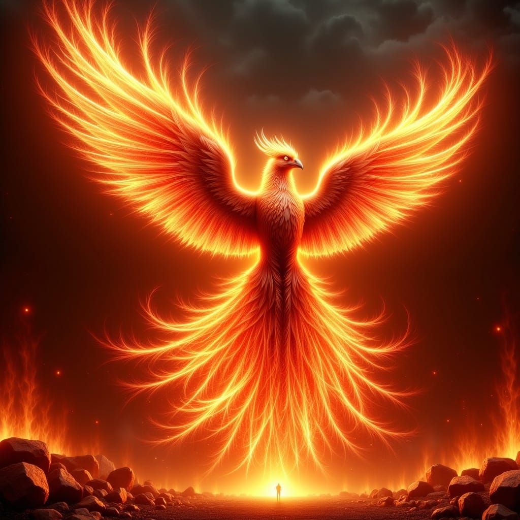 Elaborate Phoenix Rising from Ashes in Digital Painting