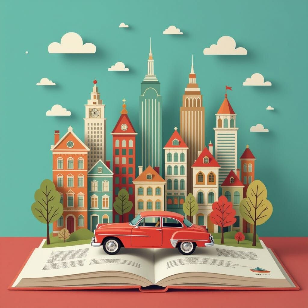 Pop-Up Book Cityscape with Car