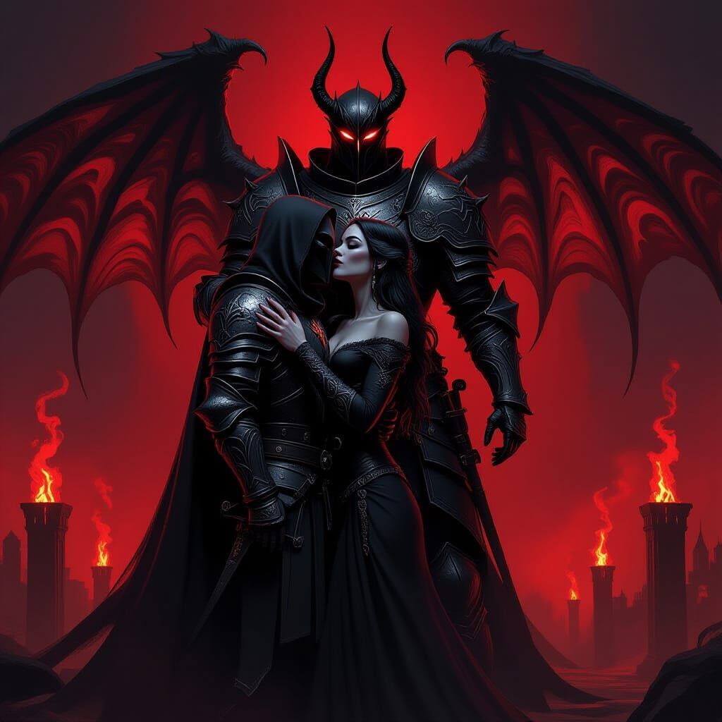 Gothic Knight's Passionate Kiss Against Dark Lord's Shadow