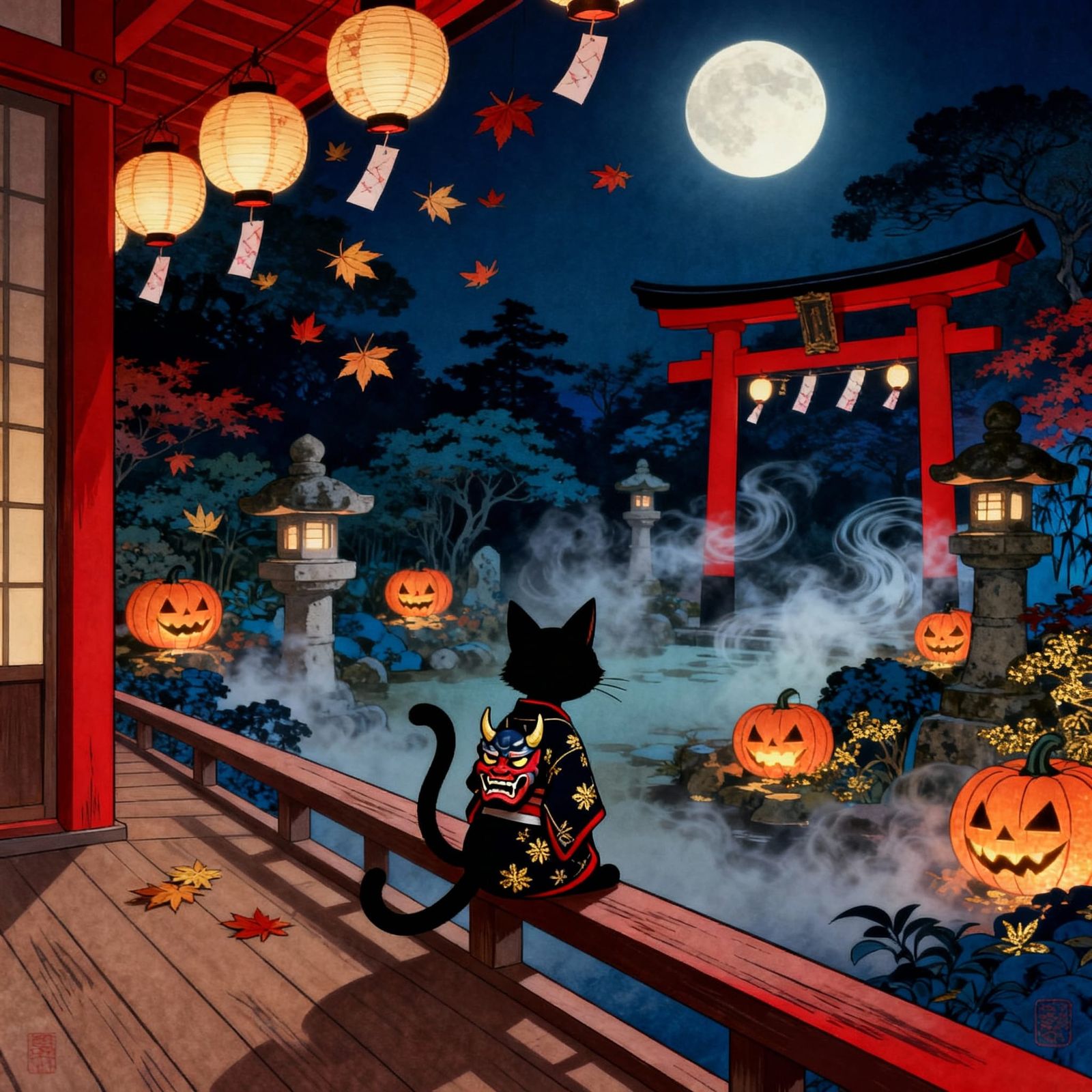 Black Cat in Japanese Attire in Moonlit Garden