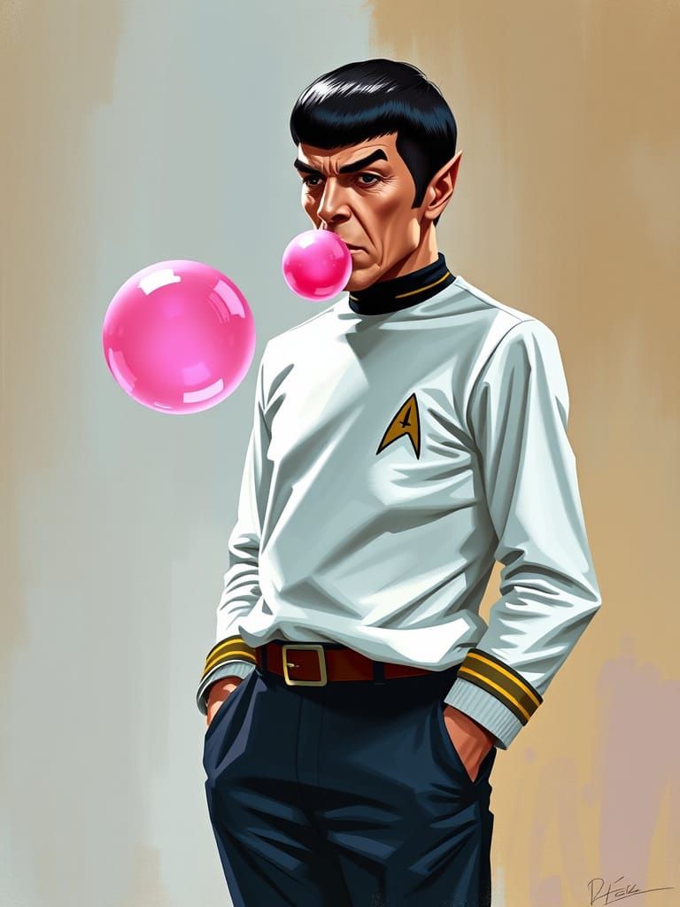 Spock Blows a Massive Pink Bubble with Fascinated Disdain