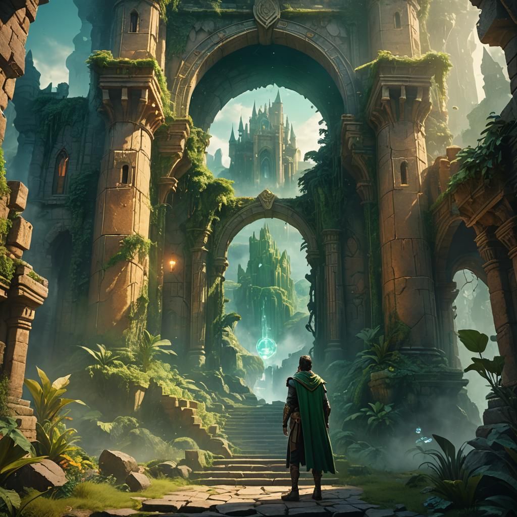 Mystical Earth Castle Entrance with Floating Crystal