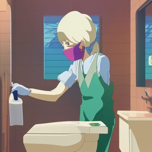 Anime Style Lady Cleaning Toilet