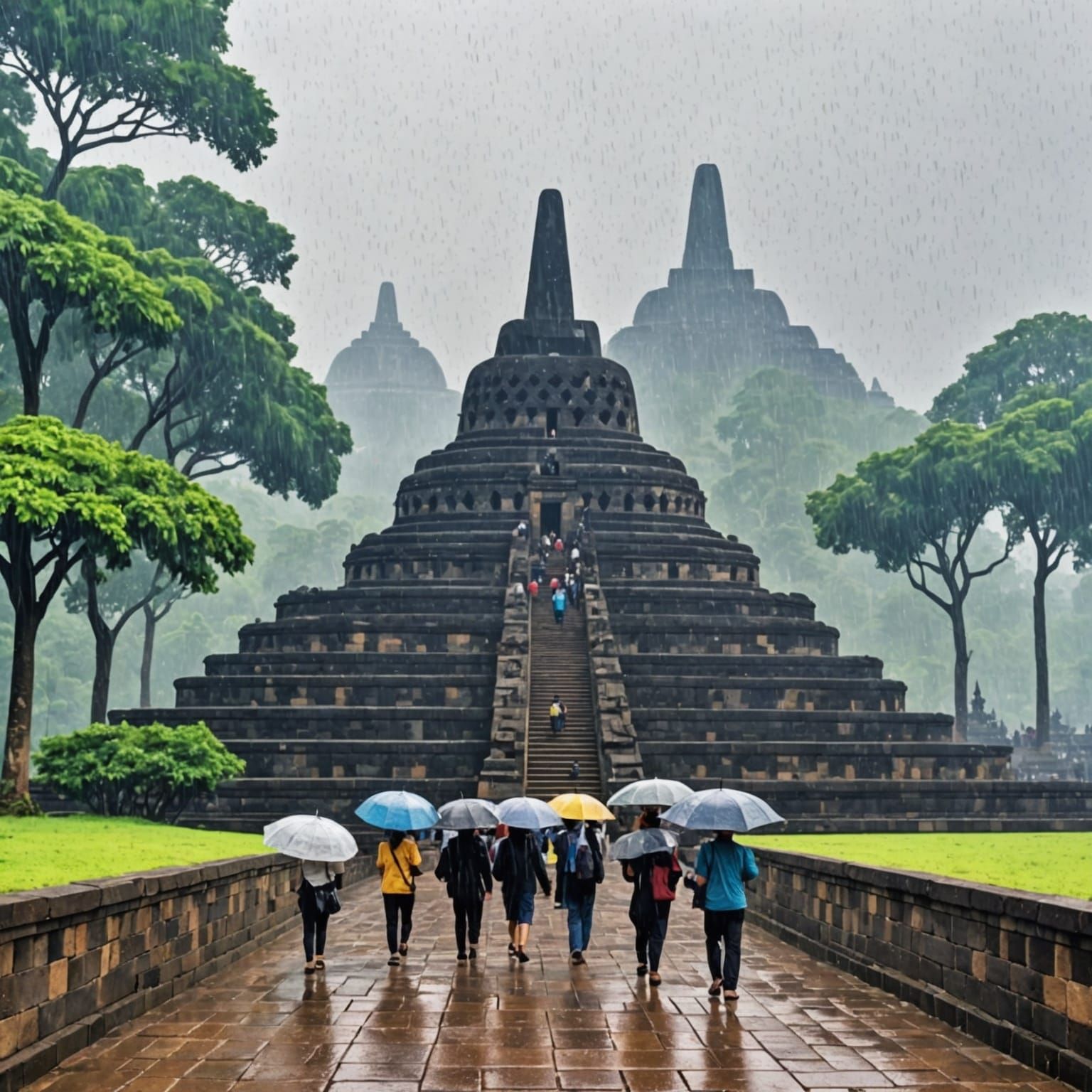 Borobudur Temple in Monsoon: Pointillist Impression