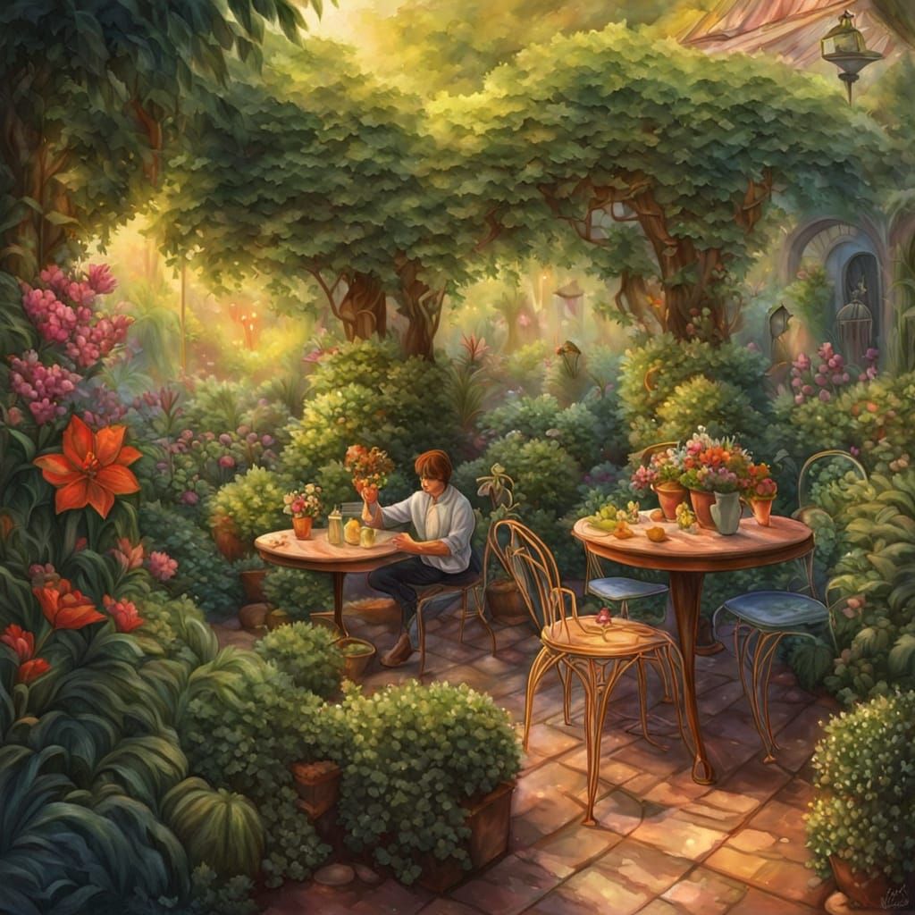 Whimsical Fruit-Themed Patio in Lush Garden: Oil Painting
