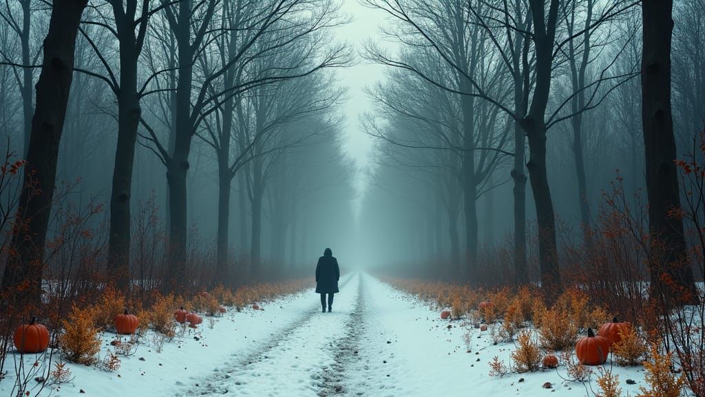 Desolate Winter Forest Path with Lone Figure