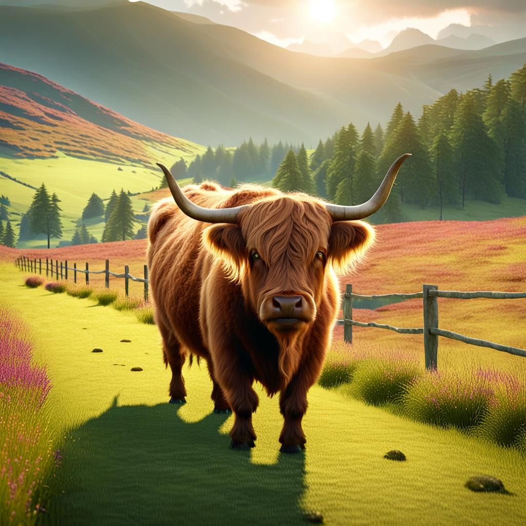 Highland Cow in Scottish Meadow, Digital Art