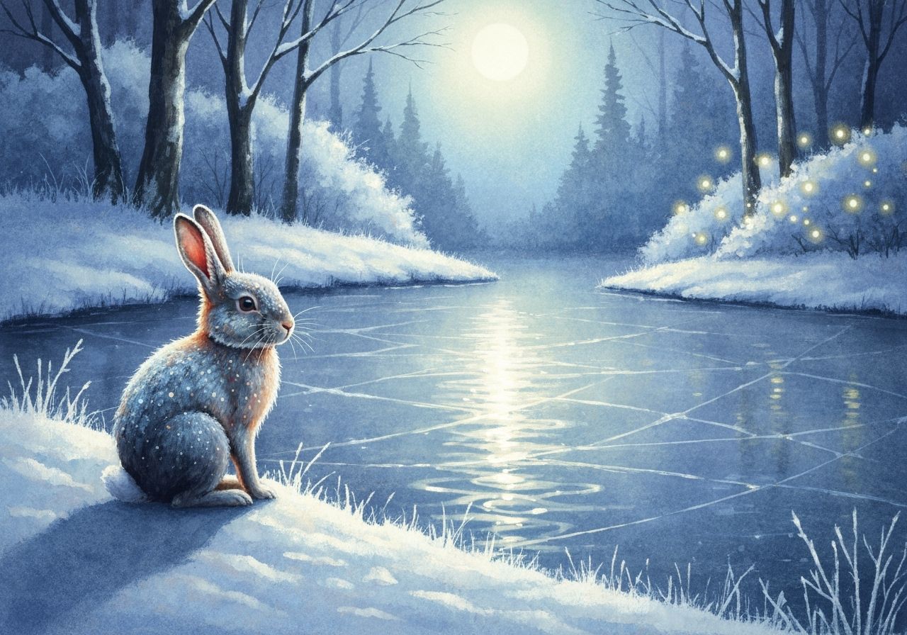 Rabbit in Moonlit Frozen Forest Pond Watercolor