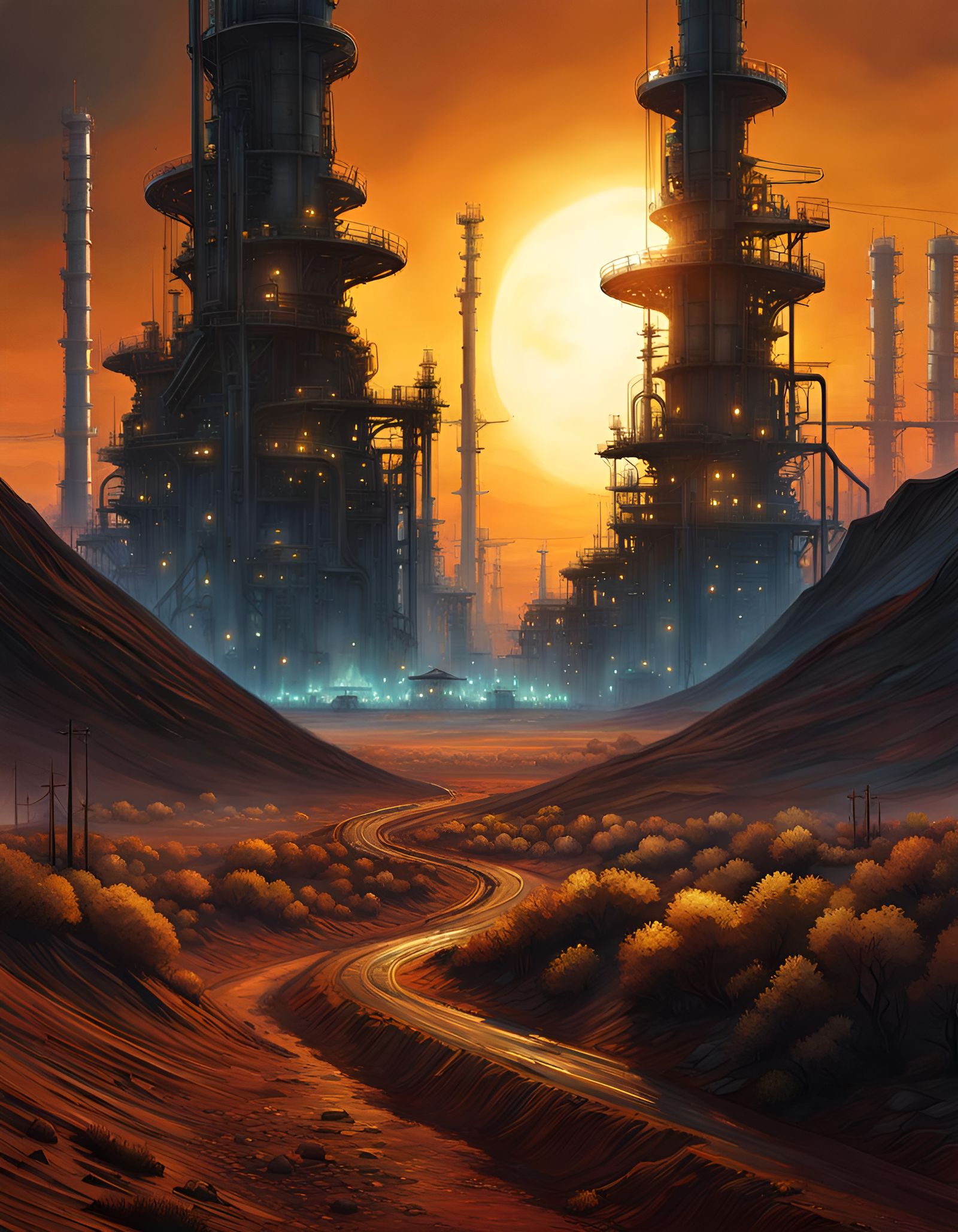 Dystopian Outback Landscape with Oil Refineries