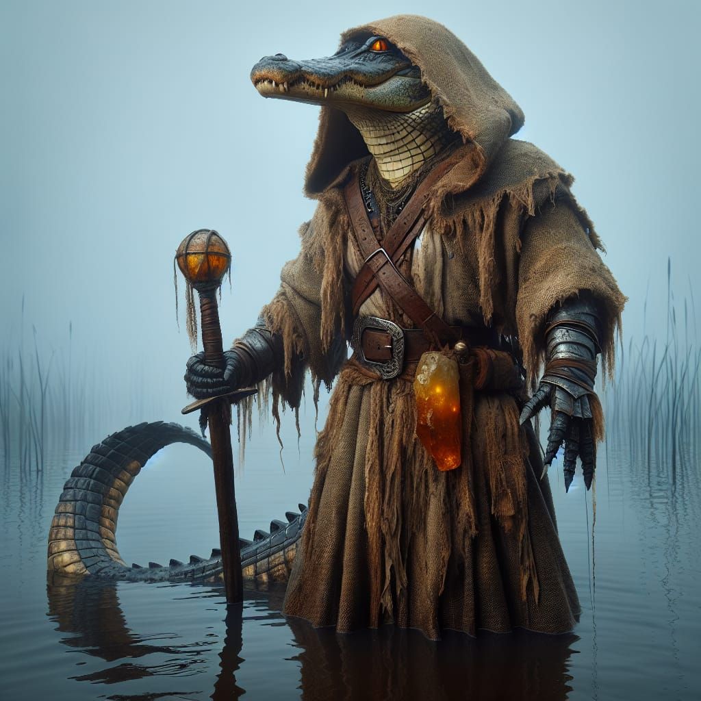 Alligator Warrior in Murky Swamp, Fantasy Art