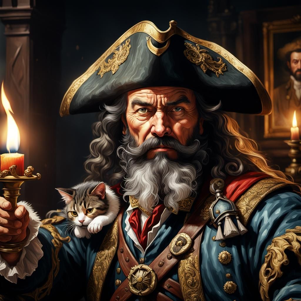 Blackbeard and Fidgety Cat: Oil Painting Masterpiece