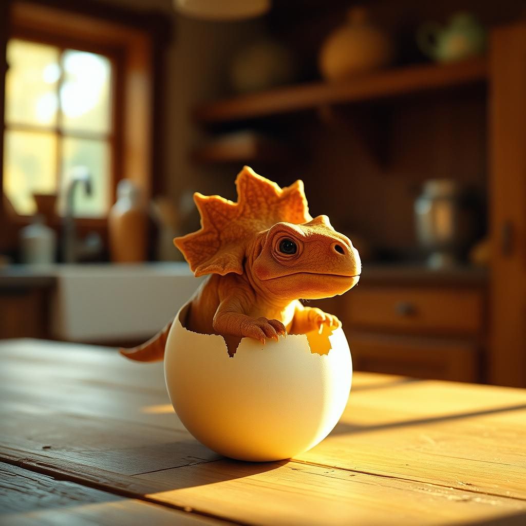 Triceratops Hatching in Farmhouse Kitchen, Cinematic Style