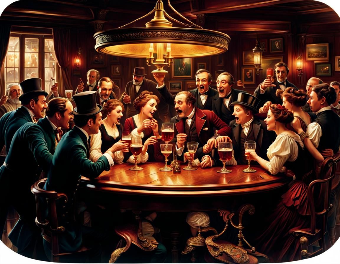 Edwardian Pub Scene with Lively Group