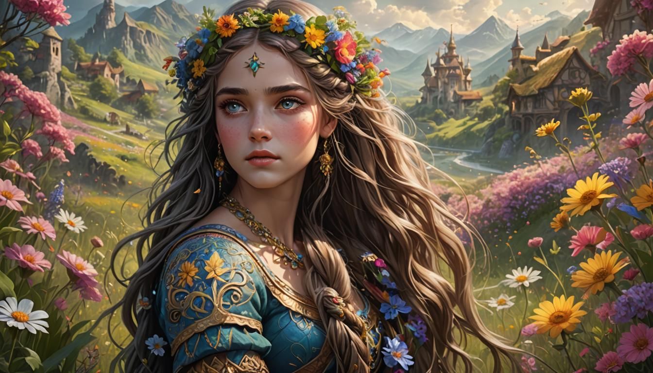 Flower Princess in Sunny Meadow: Digital Matte Painting