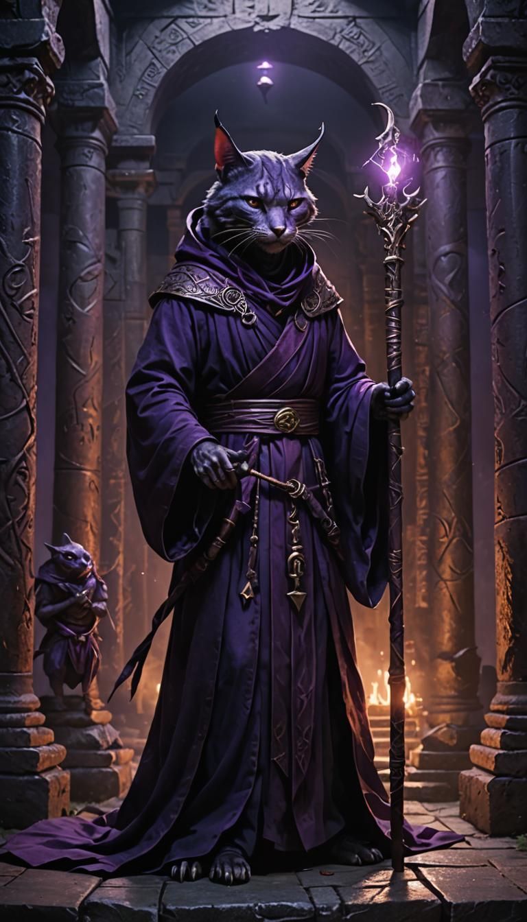 Catfish Cultist in Dimly Lit Temple