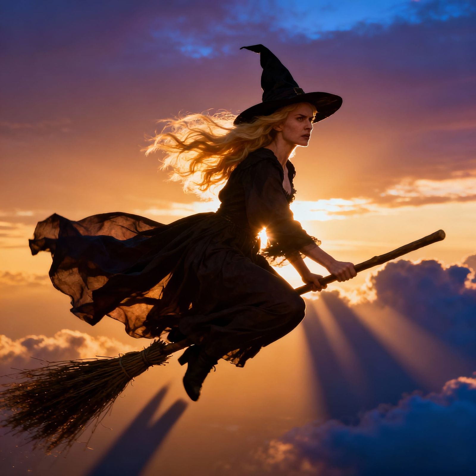 Realistic Blonde Witch Flying on Broomstick at Twilight
