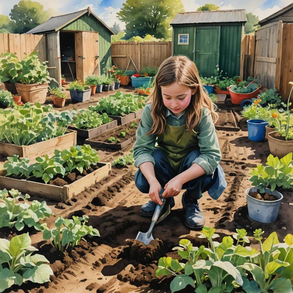 Girl Gardening: Watercolour Painting of Allotment Plot