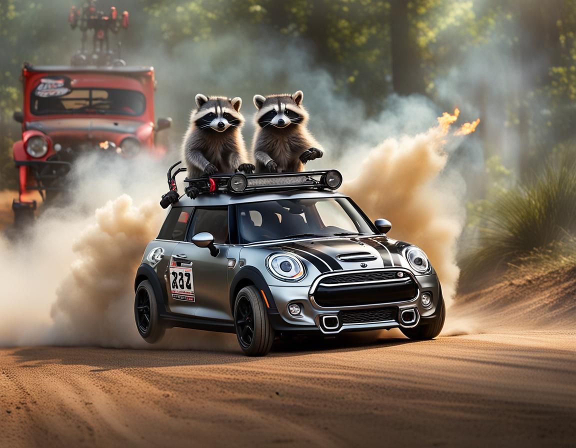 Raccoons High-Fiving in Drag Racing Mini Cooper