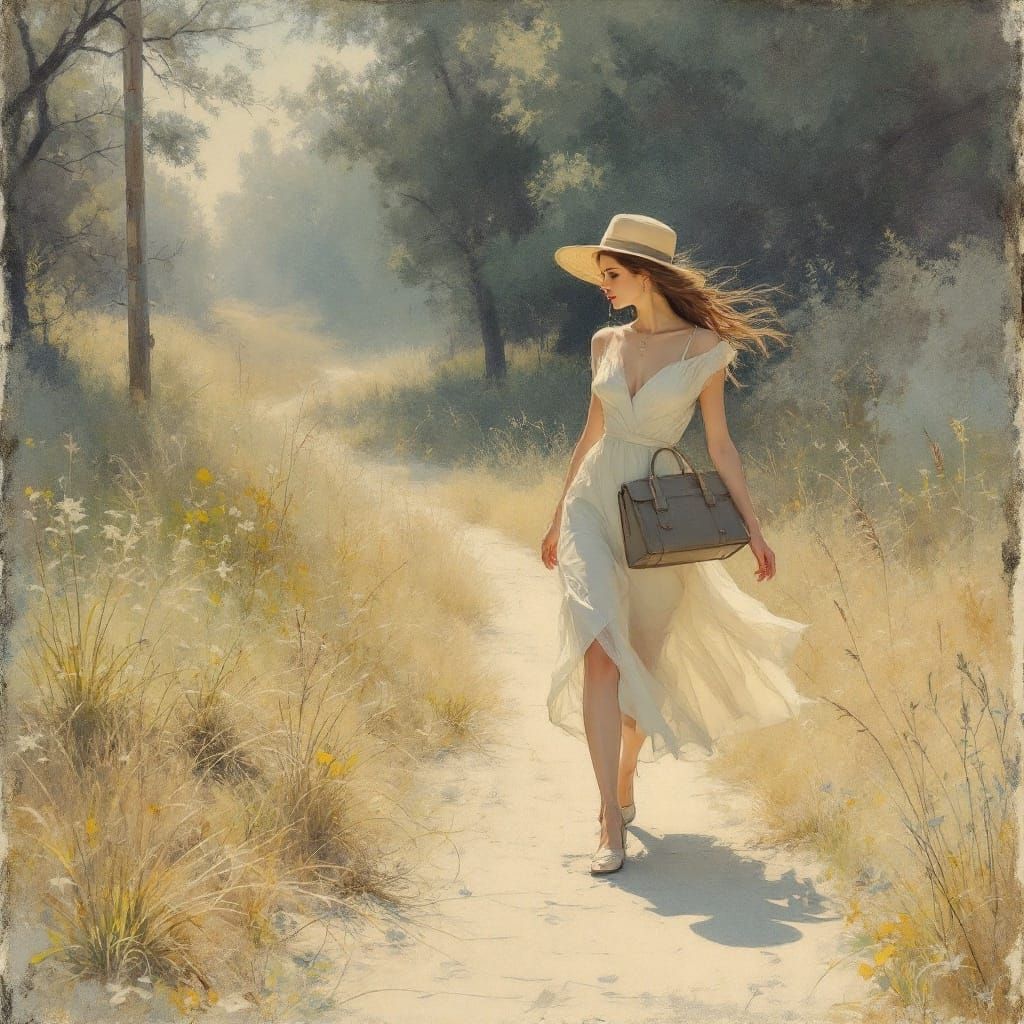 Elegant Woman Walks in Pastel Vintage Illustration
