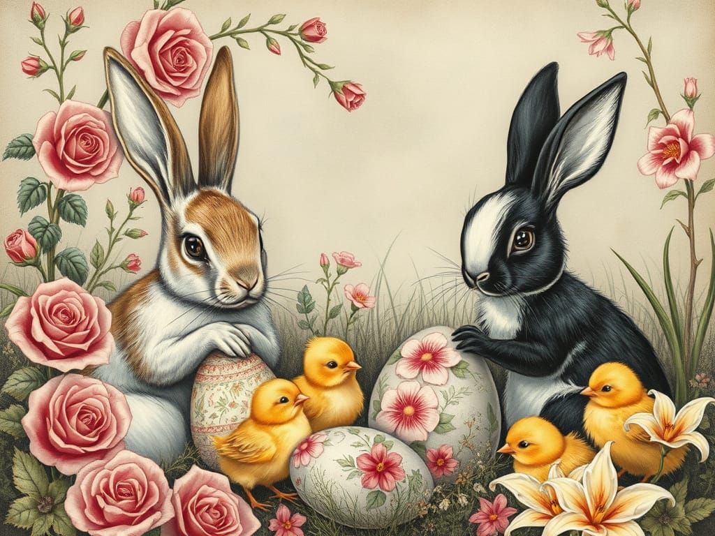 Bunnies and Chicks Painting Easter Eggs in Charcoal Style