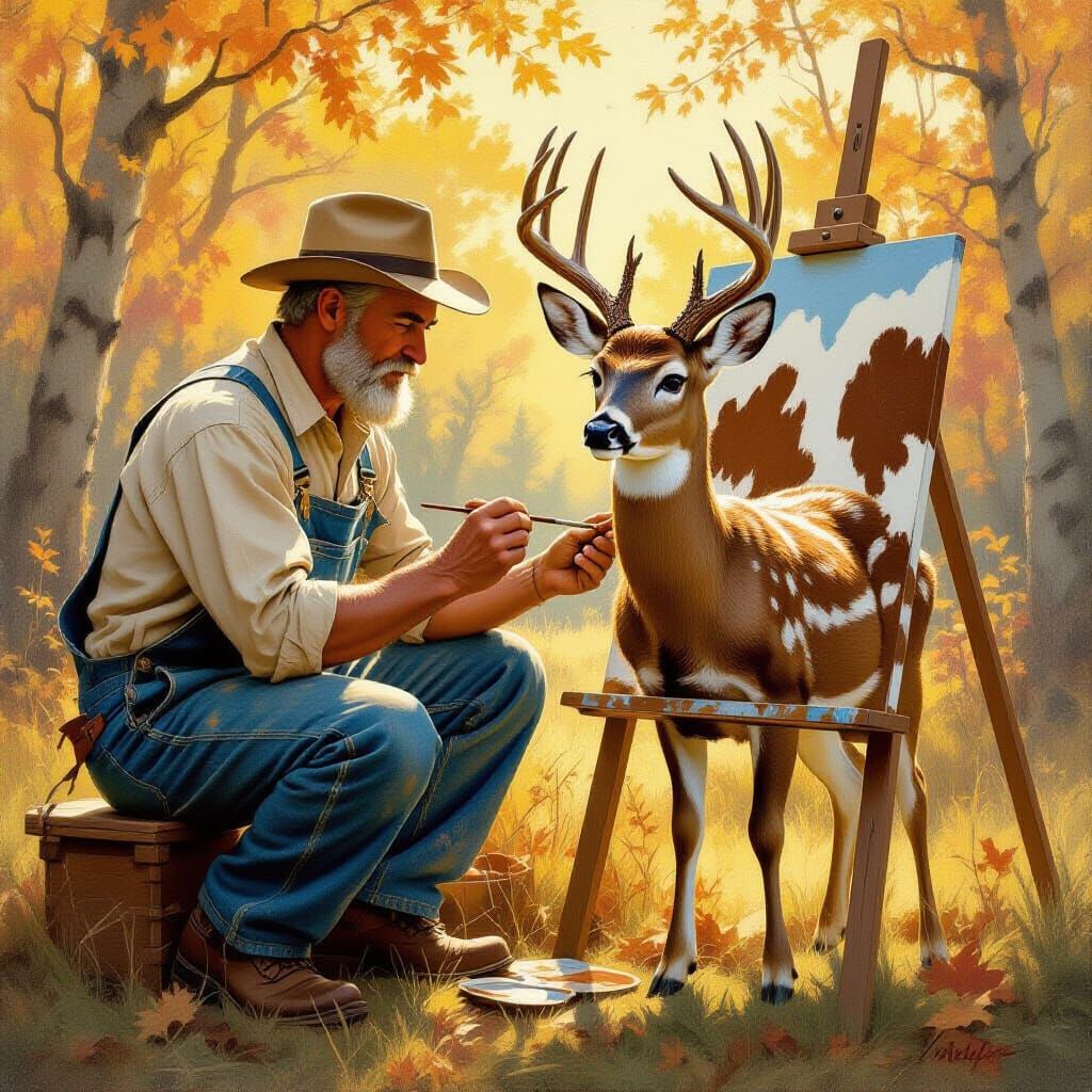 Man Paints Deer As Cows in Whimsical Forest Scene