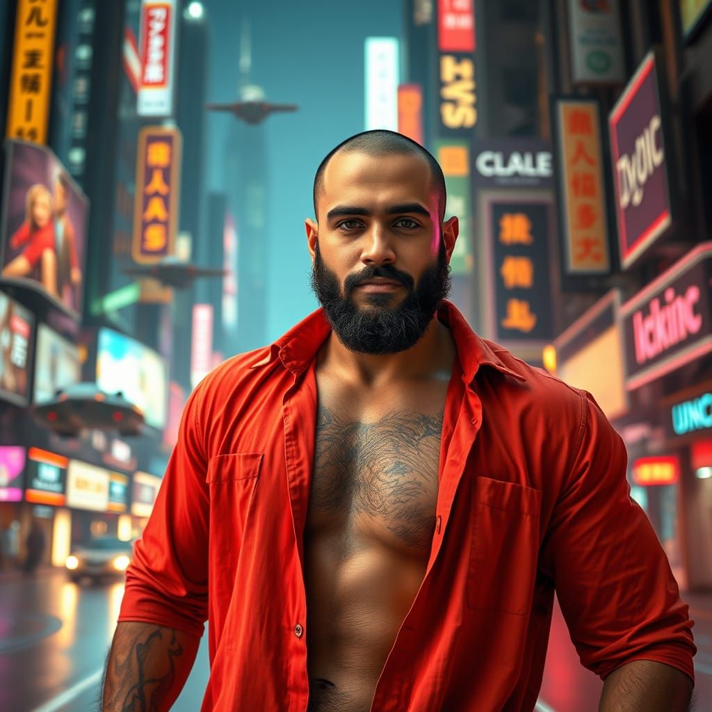 Cyberpunk Arab Man in Neon Cityscape