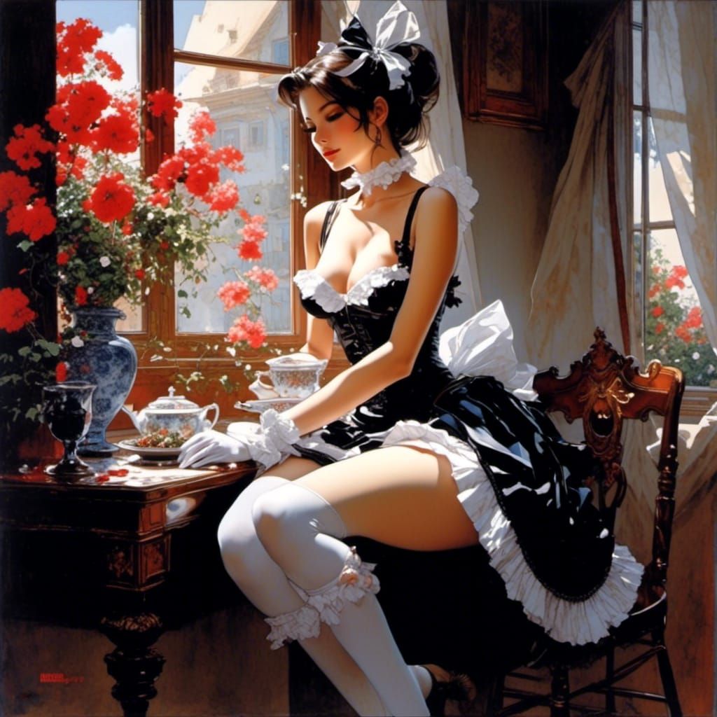 Anime Girl in Maid Costume, Fine Art Painting