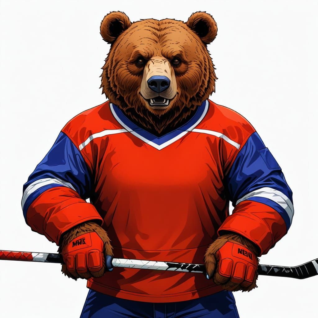 Fierce Brown Bear Hockey Player in Vibrant Cartoon Illustrat...