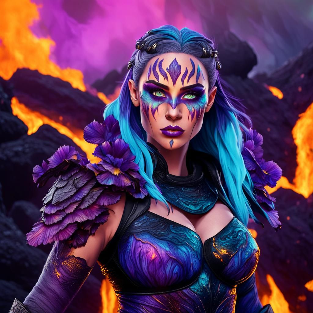 Fantasy Warrior Girl with Lava Flow Background