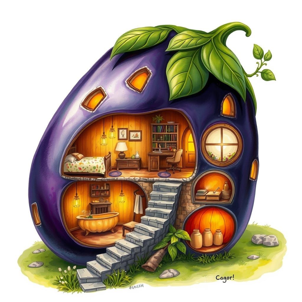 Whimsical Eggplant House in Storybook Illustration Style
