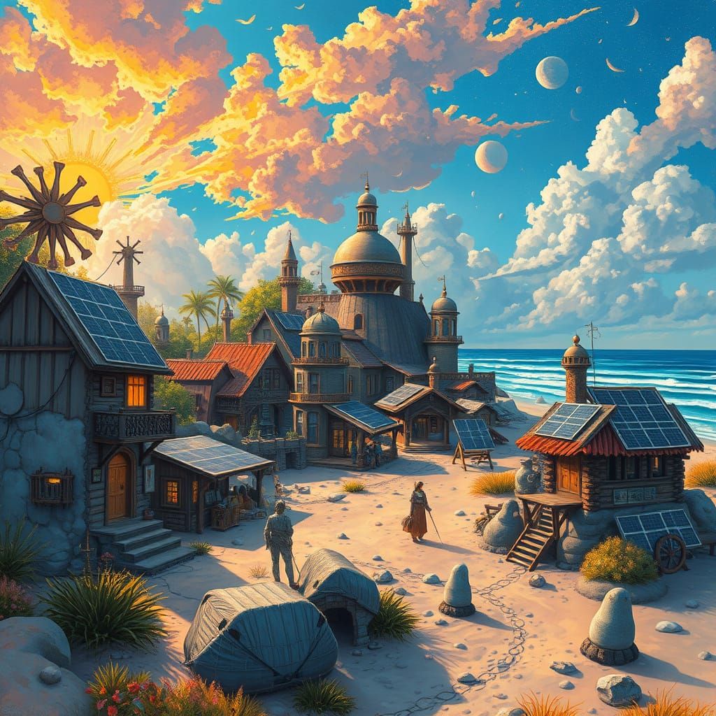 Solarpunk Seaside Village in Vibrant Gouache