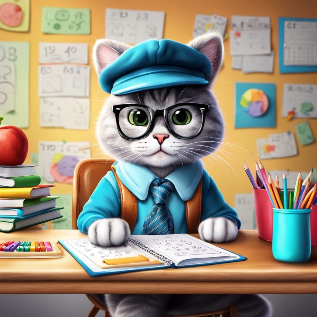 Cute Anthropomorphic Cat Learns Maths in Classroom