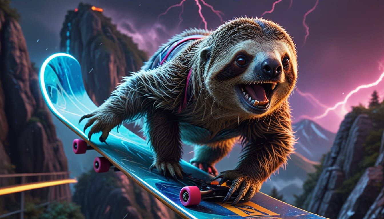 Sloth Skateboarder Rides Mountain in Surreal Fantasy Art
