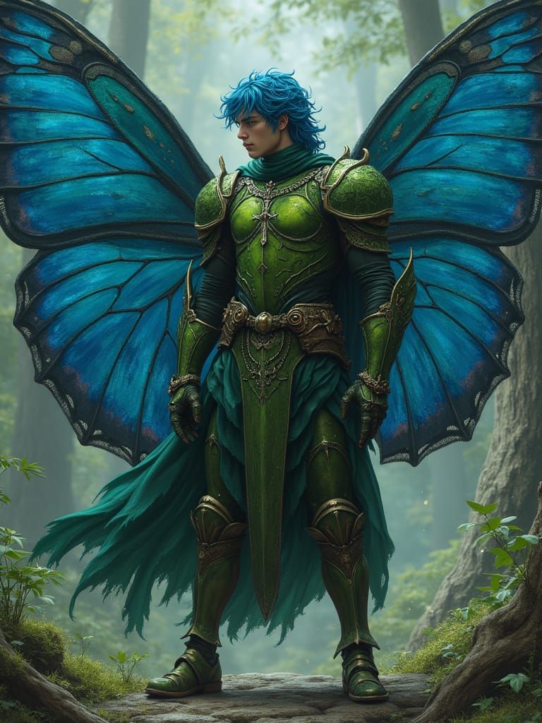 Blue-Haired Fairy Knight with Butterfly Wings