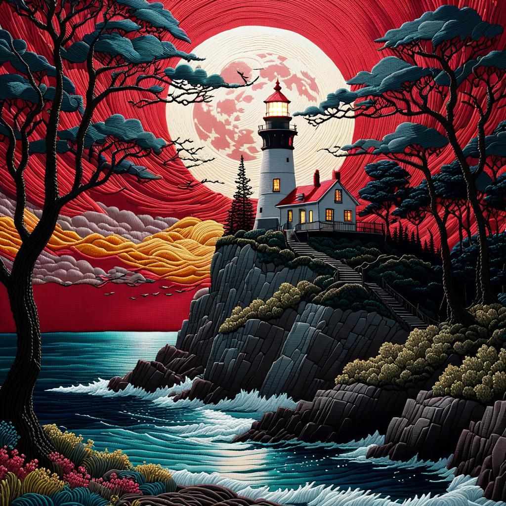 Tapestry of Lighthouse on Cliff Over Stormy Sea