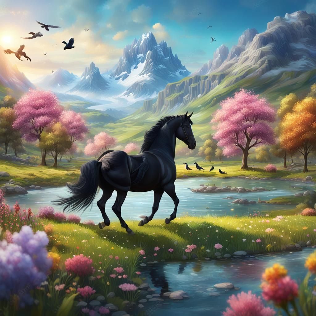 Spring Landscape with Black Horse, Matte Painting