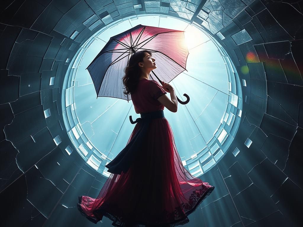 K-Pop Pinup Falling with Umbrella: Optical Illusion