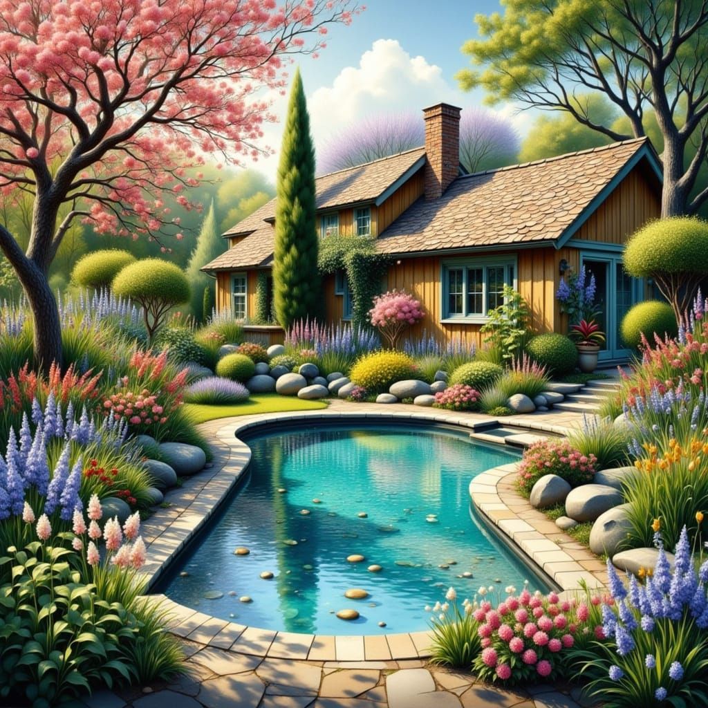 Enchanting Spring Garden with Pool in Dreamy Style
