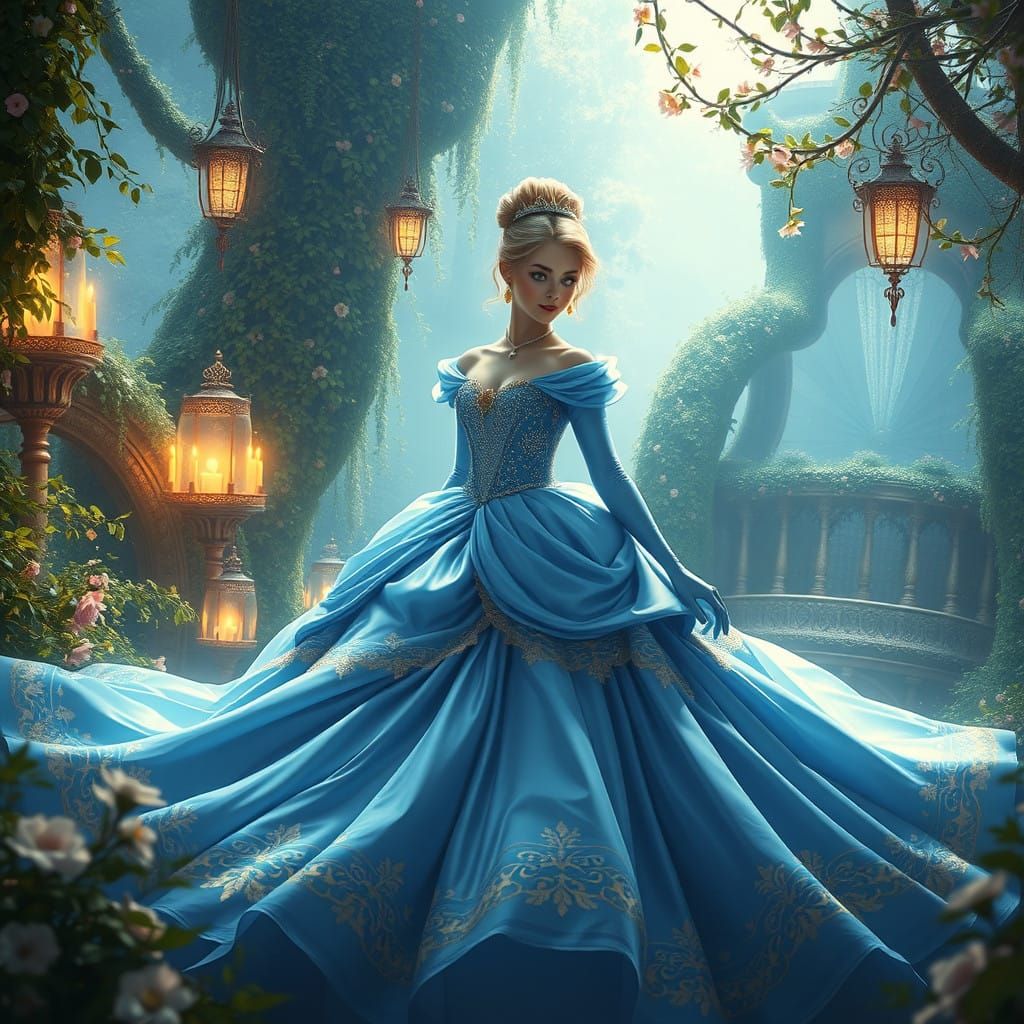 Majestic Cinderella in Whimsical Fantasy Realm